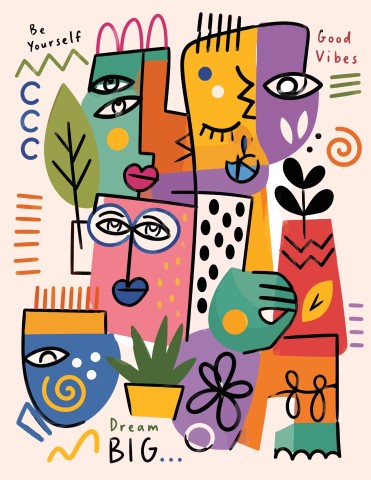 Artistic abstract faces with plants and motivational text.